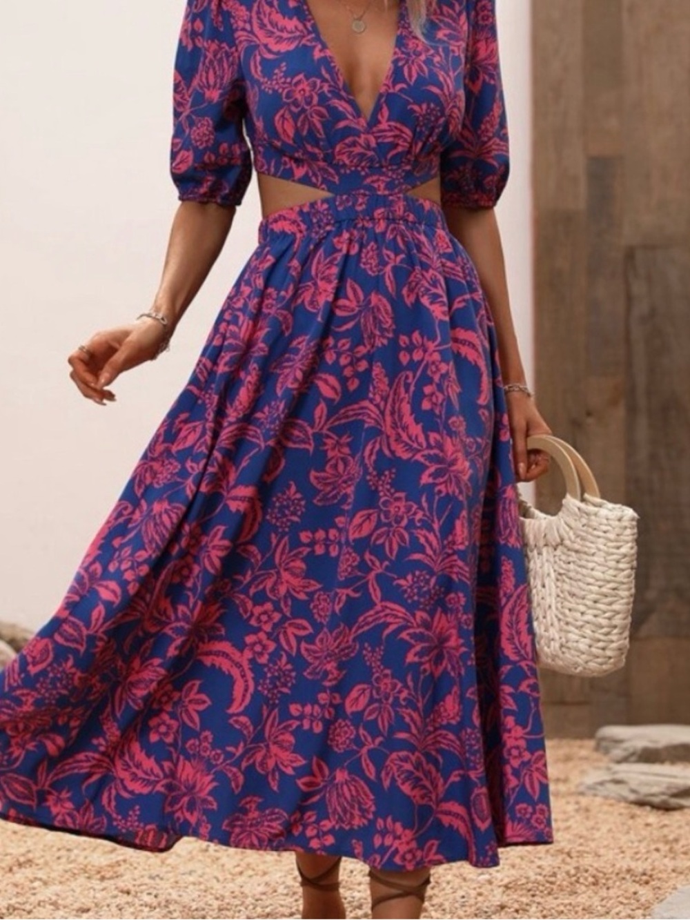 NWOT Blue Pink Floral Cutout Midi Dress / Puff Sleeve Open Back / Size L Large